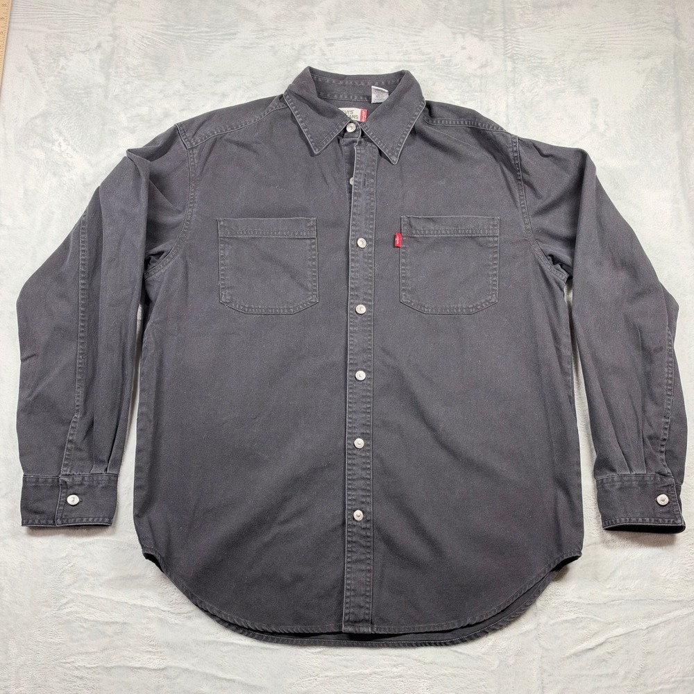 Levis Heavyweight Cotton Twill Work Shirt Mens Medium Charcoal Gray Red Tab